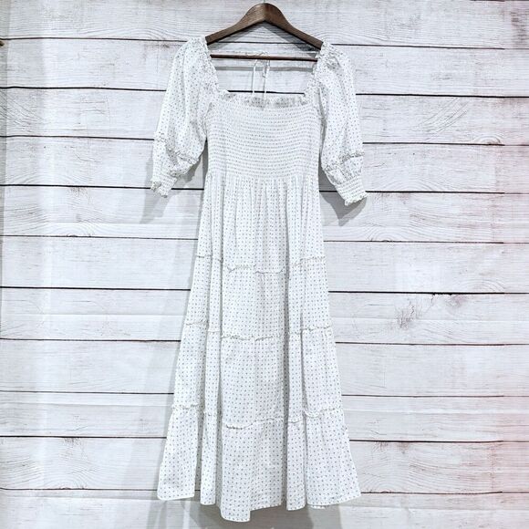 Hill House Home Nesli Nap Dress White Smocked Puff Sleeve Midi Cottagecore XS - Picture 7 of 12